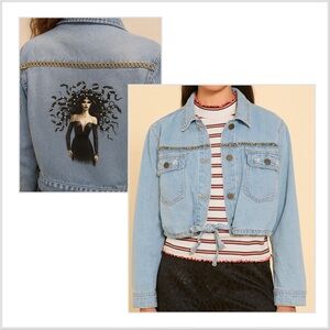 Cropped Denim Jacket with Statement Back Graphic with rhinestone